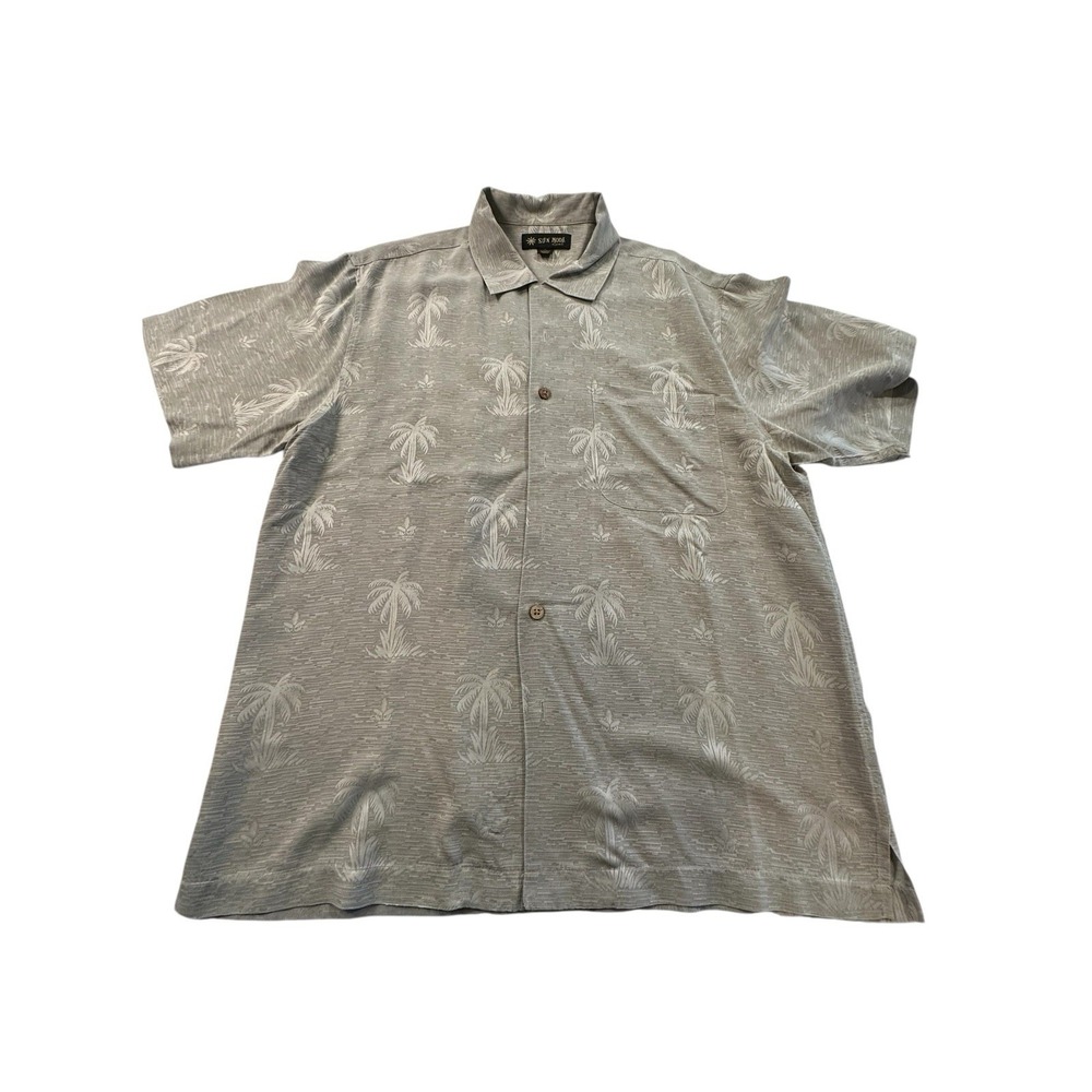 SUN MODA Shirt Men's Large Gray Resort Wear Palm Leaves‎ Hawaiian Aloha  EUC